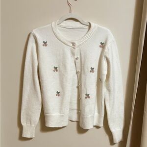 White Cherry Embroidered Women's Sweater